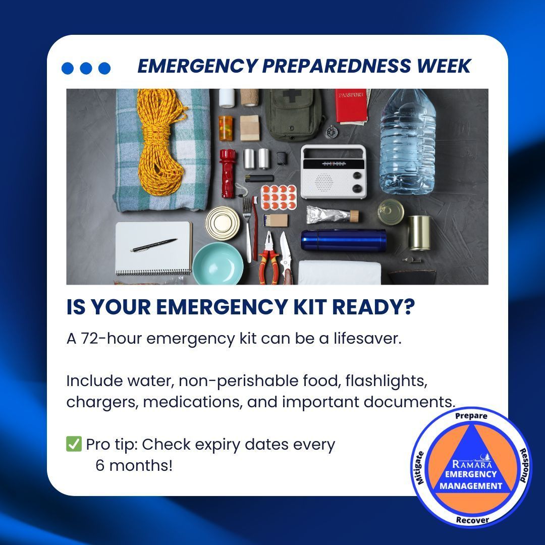 📢 Emergency Preparedness Week Day 3 – Build an Emergency Kit 📢 
Is your emergency kit ready?
A 72-hour emergency kit can be a lifesaver. Include water, non-perishable food, flashlights, chargers, medications, and important documents.
For more info visit: buff.ly/IN7H3Fi