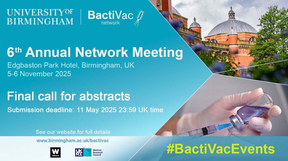 BactiVac Network (@bactivac) on Twitter photo DEADLINE APPROACHING! Only 1 week left to submit an abstract for <a href="/BactiVac/">BactiVac Network</a>’s 6th Annual Network Meeting
Submit an abstract: bit.ly/ANM6
Submission deadline: 11 May 2025 23:59 UK time
More information about the event on our website: bit.ly/ANM6 DEADLINE APPROACHING! Only 1 week left to submit an abstract for <a href="/BactiVac/">BactiVac Network</a>’s 6th Annual Network Meeting
Submit an abstract: bit.ly/ANM6
Submission deadline: 11 May 2025 23:59 UK time
More information about the event on our website: bit.ly/ANM6