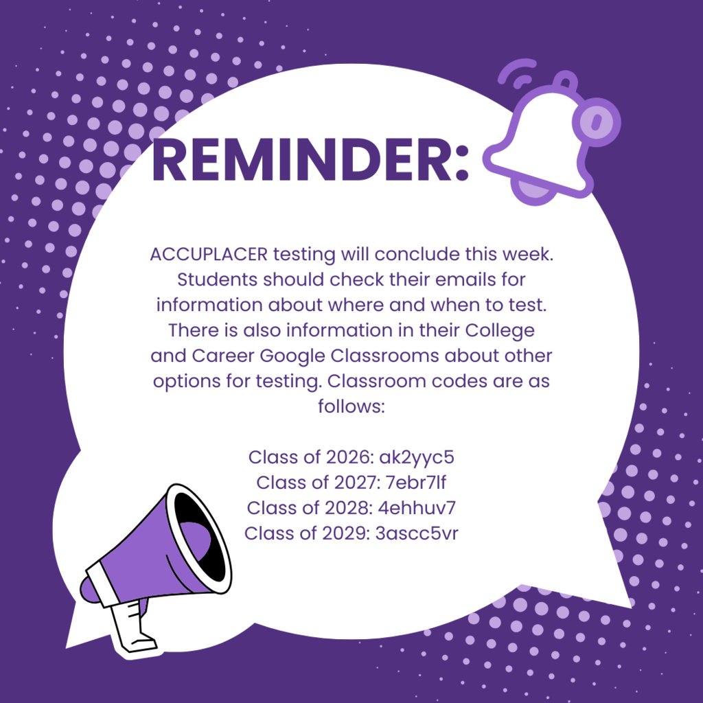 EHSGoCats's tweet image. Current 11th, 10th, 9th, and 8th graders- please check your emails for more information if you need to take the Accuplacer test.