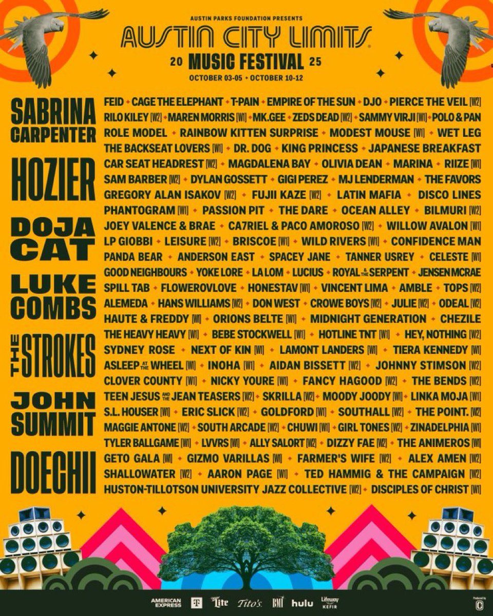 atxconcert's tweet image. The wait is over. ACL Fest 2025 just dropped the lineup and it’s a face-melter.
Sabrina. Doja. Hozier. The Strokes. Luke Combs. Doe-freakin-chii.
Catch us front row, October can’t come soon enough.