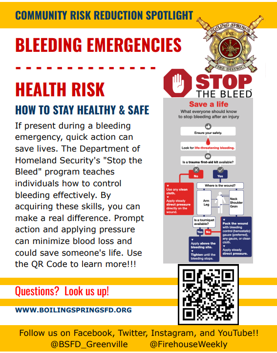 <a href="/BSFD_Greenville/">Boiling Springs Fire District</a> Community, Spring = more outdoor time and more power tool injuries. Serious bleeding can happen fast. Learn to Stop the Bleed and stay ready to save a life.  Take a class or refresh your first aid skills today! 
#StopTheBleed #FirstAidSavesLives <a href="/StopTheBleed/">STOP THE BLEED®</a>
