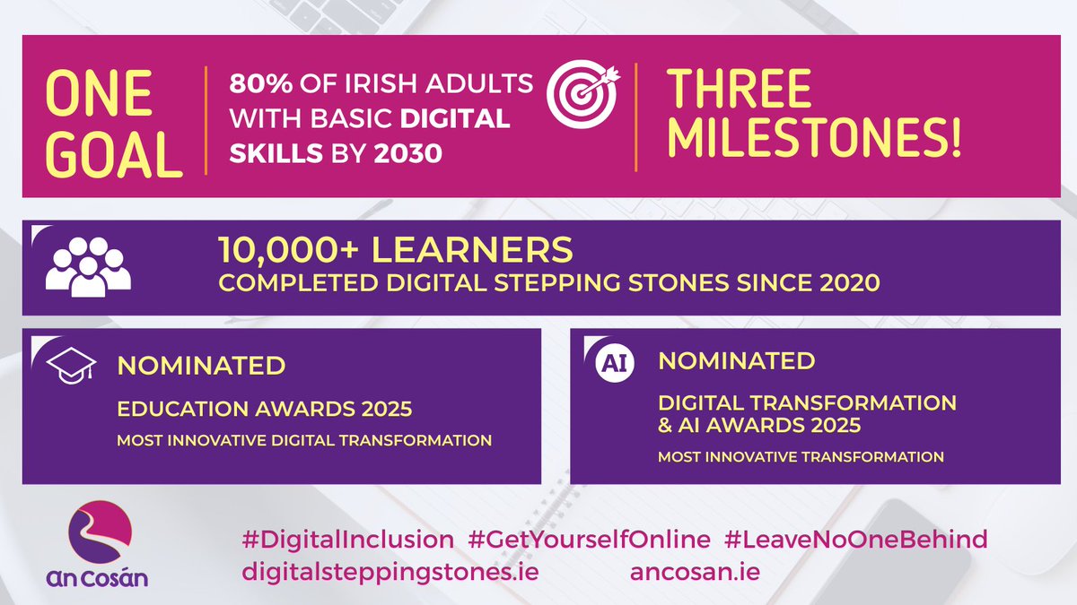 🎉 Double celebrations! 

We're finalists for both <a href="/EDUAwardsIRL/">Education Awards</a> &amp; <a href="/dtawardsirl/">Digital Transformation & AI Awards</a> digital innovation awards! 

PLUS, 10K+ learners completed our #DigitalSteppingStones tool since 2020!

#DigitalSkillsForLife #DigitalInclusion