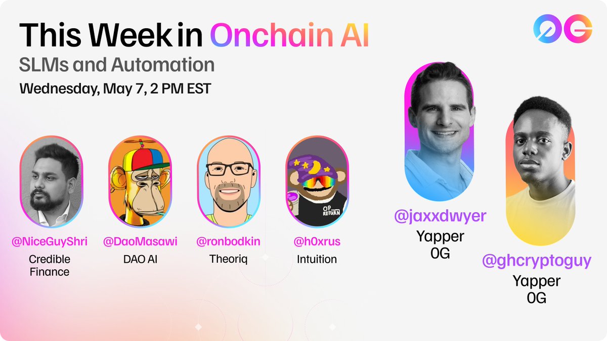 TOMORROW 👉 This Week in Onchain AI with <a href="/jaxxdwyer/">Jax Dwyer</a> &amp; <a href="/ghcryptoguy/">Elisha (GH Crypto Guy) 🇬🇭</a> 🤖

We’re going to be diving into SLMs &amp; automation with <a href="/NiceGuyShri/">Shrii</a>, <a href="/DaoMasawi/">TM</a>, <a href="/ronbodkin/">Ron Bodkin</a>, &amp; <a href="/h0xrus/">Horus 👁️</a> 🙌