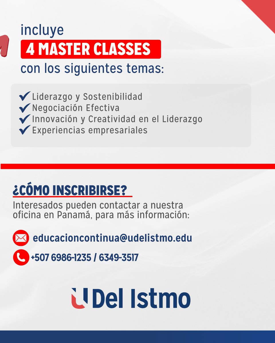 U del Istmo (@udelistmo) on Twitter photo Inscríbete en nuestro Diplomado de Mujeres Ejecutivas Líderes y de Éxito 2025, impulsa tu carrera y conviértete en agente de cambio.
🗓️: 12 de agosto | ⏰ 6:00 p.m.
Modalidad: Semipresencial + Virtual
Conoce más en:
📲:+507 6986-1235
📩: educacioncontinua@udelistmo.edu Inscríbete en nuestro Diplomado de Mujeres Ejecutivas Líderes y de Éxito 2025, impulsa tu carrera y conviértete en agente de cambio.
🗓️: 12 de agosto | ⏰ 6:00 p.m.
Modalidad: Semipresencial + Virtual
Conoce más en:
📲:+507 6986-1235
📩: educacioncontinua@udelistmo.edu