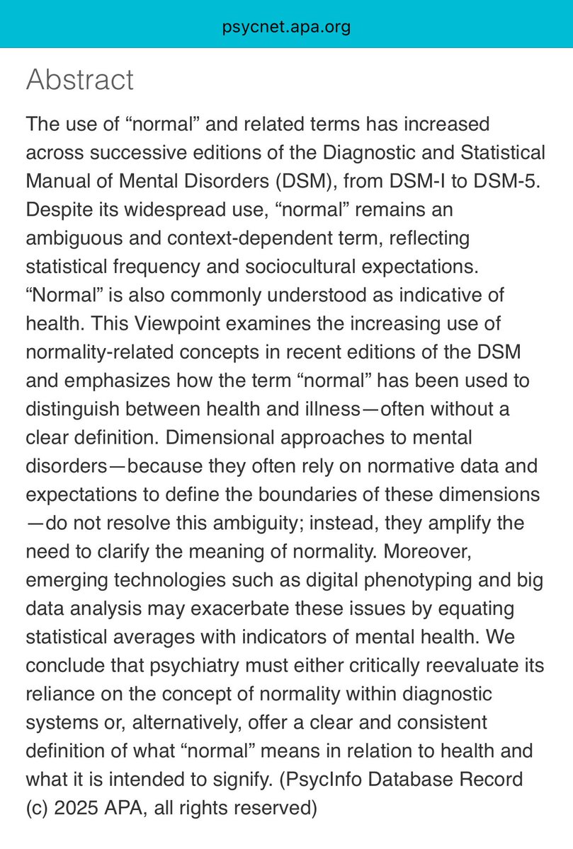 New Viewpoint in the Journal of Psychopathology and Clinical Science on the use of the term “normal” in the DSM over time. 

It’s increasing, and it’s an unclear term. I found the discussion of this fascinating. 

Check it out.  

psycnet.apa.org/record/2026-12…