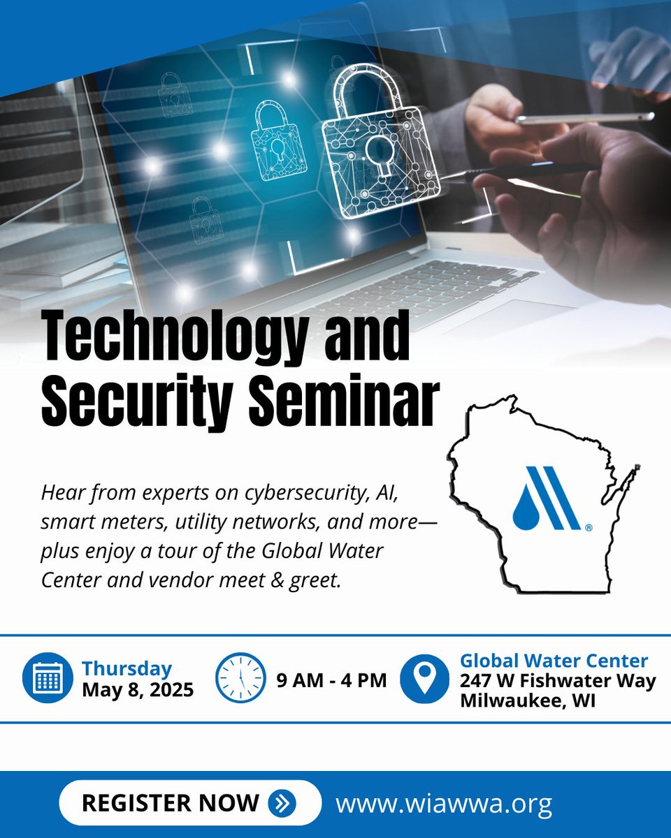 THERE'S STILL TIME TO REGISTER! Join us for the WIAWWA Technology &amp; Security Seminar.

🔗 Register today: wiawwa.org/events/EventDe…

📅 Thursday, May 8, 2025
🕘 9:00 AM – 4:00 PM
📍 Global Water Center
247 W Fishwater Way, Milwaukee, WI