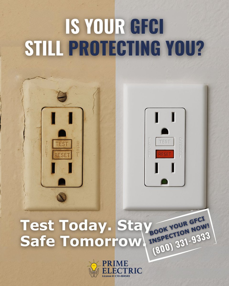 GoPrimeElectric's tweet photo. Is your home truly safe — or just running on luck?
Start your Tuesday with a quick GFCI check:
Press the TEST button.
No click or power cut? That’s a red flag.

Book a GFCI check or replacement with Prime Electric. Call NOW (800)3319333
Stay protected. #GFCISafety #PrimeElectric https://t.co/6hLc1A6yBh