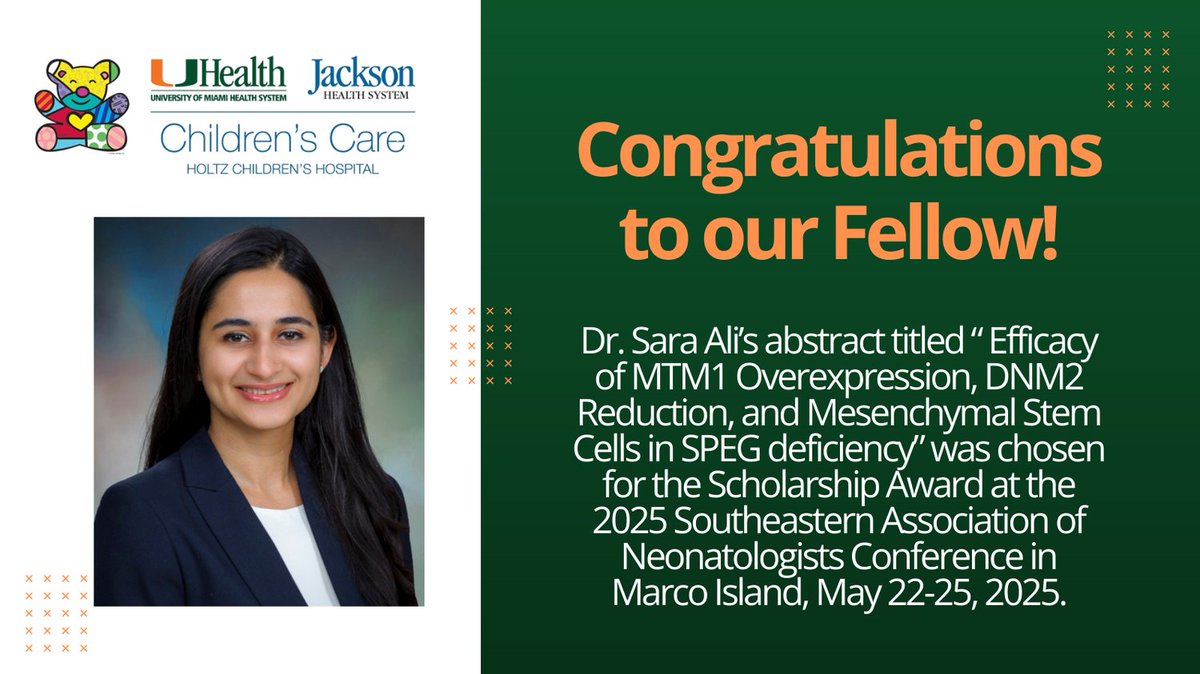 🎉 Congrats to Dr. Sara Ali (Dr. Agrawal’s lab)! Her abstract on SPEG deficiency was selected for a scholarship at the SE Association of Neonatologists Conf., May 22–25 in Marco Island! 👏🧬 

#Neonatology #STEM #ResearchRecognition