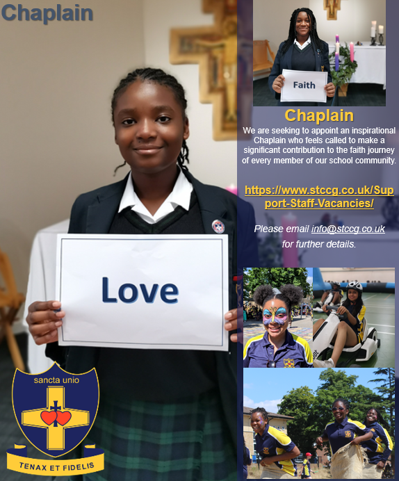 STCCGBEXLEY's tweet photo. We are seeking to appoint an inspirational Chaplain who feels called to make a significant contribution to the faith journey of every member of our school community. Full details are on the website: https://t.co/5SerTIUYpa https://t.co/FJb1gxHxbu