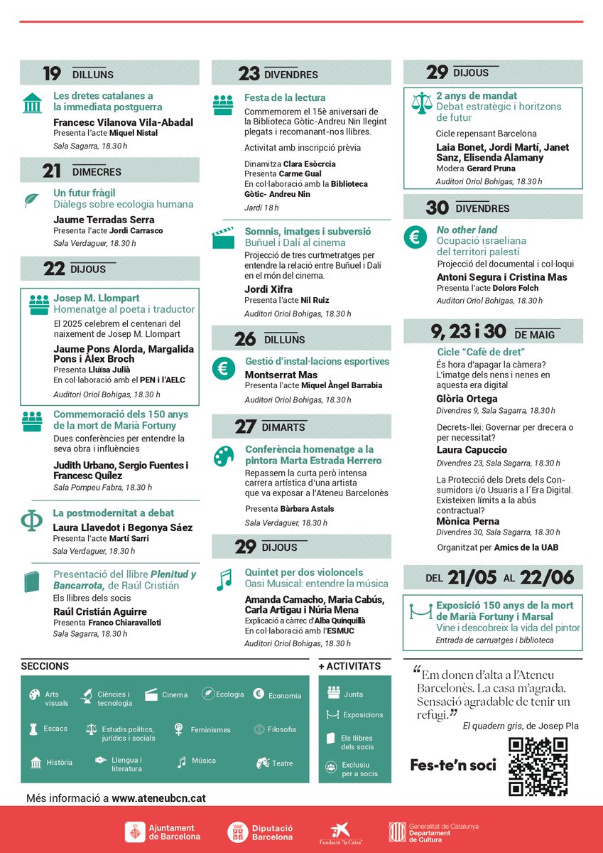 🏛️ El programa del mes de 𝐦𝐚𝐢𝐠

🌧️ Cada dia un raig... i una activitat cultural!

😮 Gòspel, filosofia, Llompart, el futur de Barcelona, literatura, festa de la lectura, ecologia... i molt més!

⚡️ Amb la col·laboració de <a href="/diba/">Diputació de Barcelona</a>, <a href="/bcn_ajuntament/">Ajuntament de Barcelona</a>, <a href="/gencat/">Generalitat de Catalunya</a> i <a href="/FundlaCaixaCAT/">Fundació ”la Caixa”</a>