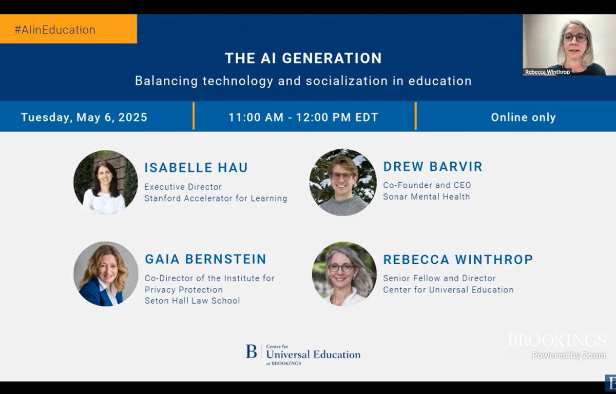 Starting now! We’re discussing the impact of AI in children’s lives with experts in early learning, mental health and technology, and AI companions. 

Submit questions for the panel with #AIinEducation and tune in here: brookings.edu/events/the-ai-…