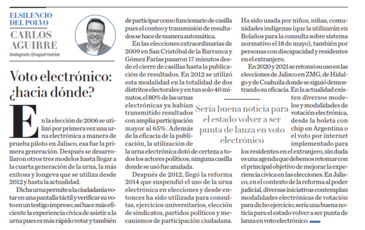 Carlos Aguirre Arias (@caguirrearias) on Twitter photo ¿Hacia dónde vamos en el voto electrónico?
Sería buena noticia para Jalisco volver a ser punta de lanza. El contexto es favorable.
Mi columna en <a href="/MilenioJalisco/">Milenio Jalisco</a>
milenio.com/opinion/carlos… ¿Hacia dónde vamos en el voto electrónico?
Sería buena noticia para Jalisco volver a ser punta de lanza. El contexto es favorable.
Mi columna en <a href="/MilenioJalisco/">Milenio Jalisco</a>
milenio.com/opinion/carlos…