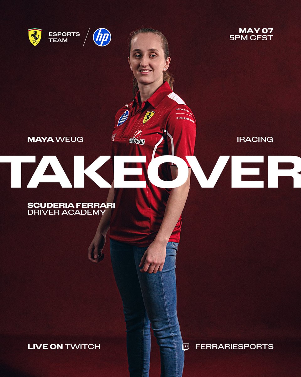 A special guest joins us for a stream this week on iRacing, <a href="/WeugMaya/">maya_weug</a>! 💫

🗓 Live tomorrow at 5PM CEST
twitch.tv/FerrariEsports

#FerrariEsports