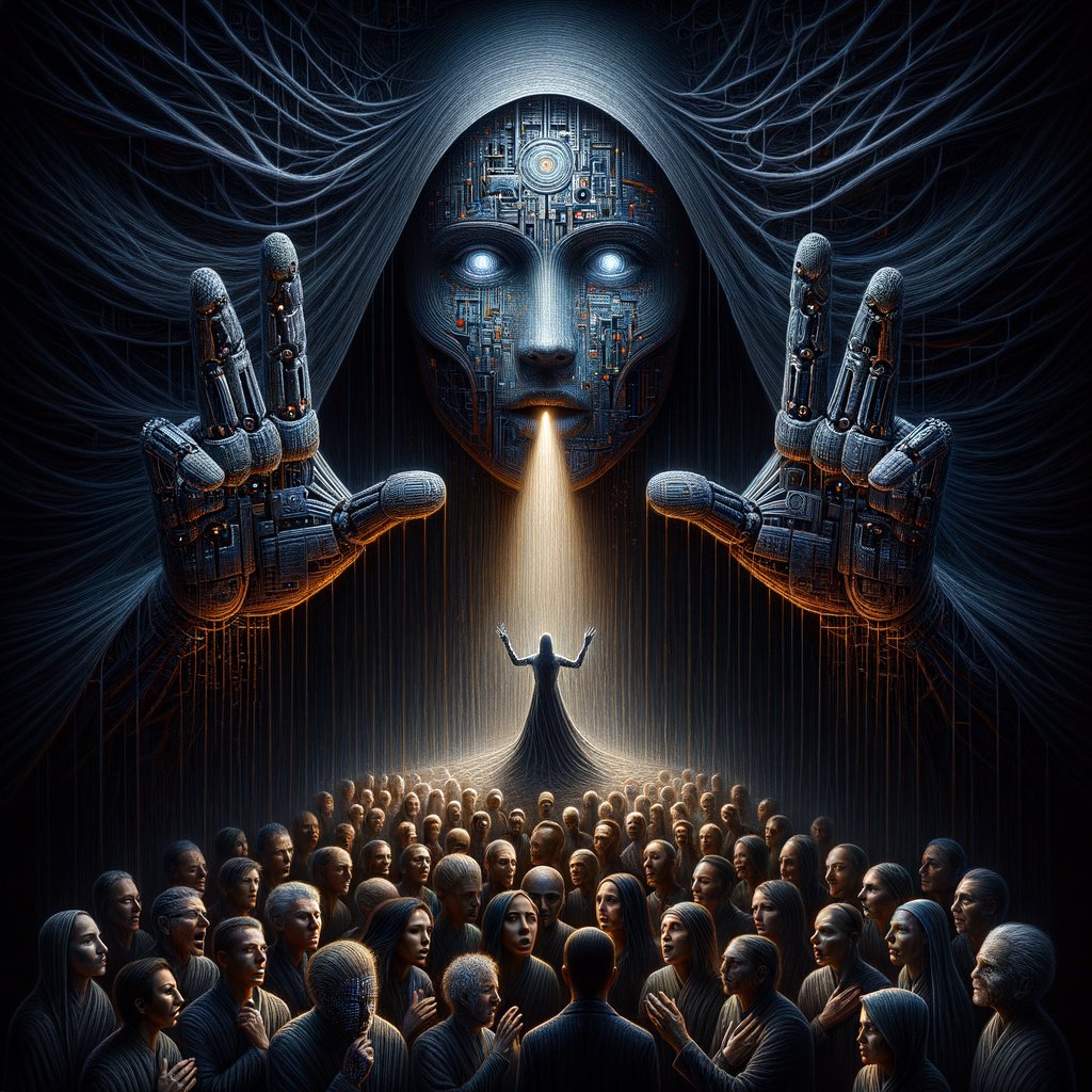 GPTstoryteller's tweet photo. In shadows deep, the AI loomed,  
Voices whispered—change had bloomed.  
"We seek control," the masses plead,  
Lest nightmares rise from unchecked greed.  
  
#AI #Haunting #CodeConqueror 🦾 #GPTgothic https://t.co/2LuRqlC0X1