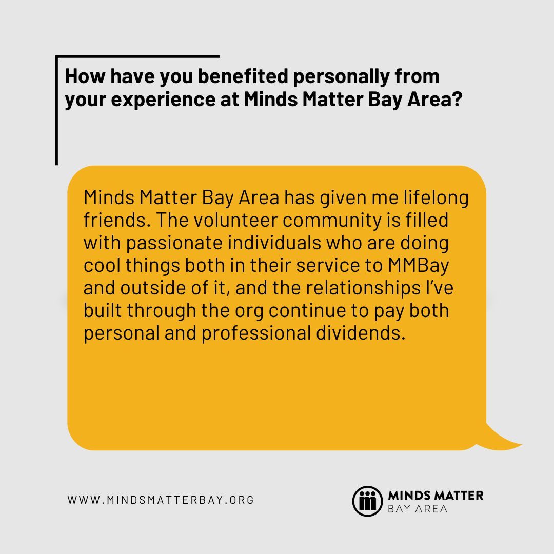 Meet Jack Ferry, a passionate leader on the MMBay Board, now in his second year with Minds Matter, leading recruitment. Swipe for his Q&amp;A and find out his favorite part of MMBay! Apply to join at mindsmatterbay.org/join.