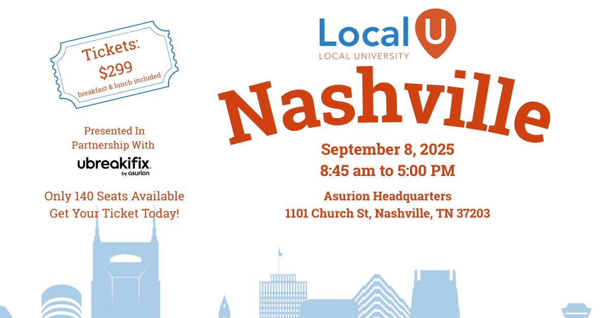 Local University (@localuniv) on Twitter photo Join us for LocalU Nashville! 🚀
🗓 Mon, Sept 8, 2025
💵 $299
🍽 Breakfast, lunch & snacks included!
See <a href="/JoyanneHawkins/">Joy Hawkins</a>, <a href="/GregGifford/">Greg Gifford</a>, <a href="/brandonschmidt/">Brandon Schmidt</a>, <a href="/krystal_taing/">Krystal Taing</a>, <a href="/BradWetherall/">Brad Wetherall</a>, @suzzicks, <a href="/noahlearner/">Noah Learner (thekraken on bluesky & clubhouse)</a>, Julian Hooks, and <a href="/crestodina/">Andy Crestodina</a>
🎟️ localu.org/nashville Join us for LocalU Nashville! 🚀
🗓 Mon, Sept 8, 2025
💵 $299
🍽 Breakfast, lunch & snacks included!
See <a href="/JoyanneHawkins/">Joy Hawkins</a>, <a href="/GregGifford/">Greg Gifford</a>, <a href="/brandonschmidt/">Brandon Schmidt</a>, <a href="/krystal_taing/">Krystal Taing</a>, <a href="/BradWetherall/">Brad Wetherall</a>, @suzzicks, <a href="/noahlearner/">Noah Learner (thekraken on bluesky & clubhouse)</a>, Julian Hooks, and <a href="/crestodina/">Andy Crestodina</a>
🎟️ localu.org/nashville