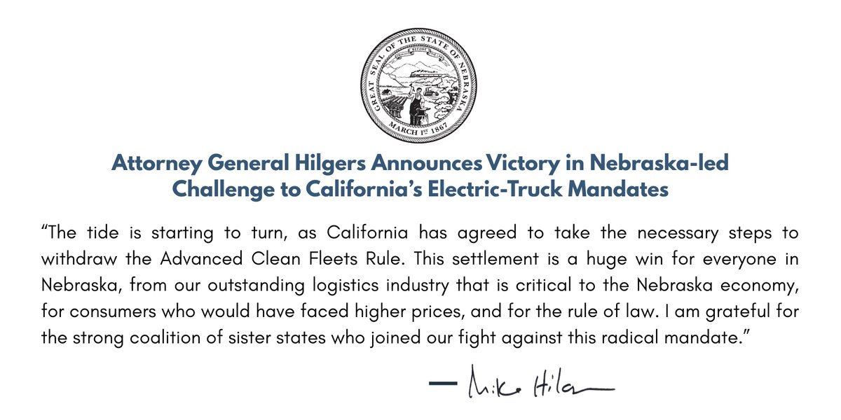 Nebraska led coalition of 17 states &amp; <a href="/nebraskatrucker/">Nebraska Trucking Association</a>  in challenging a suite of California regulations called Advanced Clean Fleets in Eastern District of California. California has agreed not to enforce the rule and to outright repeal it. Read more: bit.ly/42ZDRr8