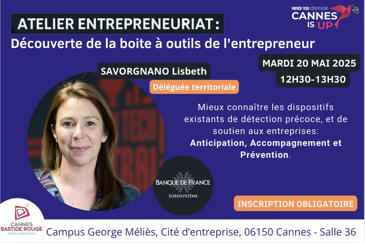 Cannes Bastide Rouge (@cbastiderouge) on Twitter photo 🚀 Startups, entrepreneurs, TPE, PME : cet atelier est pour vous !
📅 Mardi 20 mai 2025,12h30 - 13h30
📍 Campus George Méliès
<a href="/CannesIsUp/">Cannes Is Up</a>
🔗Inscription obligatoire : helloasso.com/associations/c… 🚀 Startups, entrepreneurs, TPE, PME : cet atelier est pour vous !
📅 Mardi 20 mai 2025,12h30 - 13h30
📍 Campus George Méliès
<a href="/CannesIsUp/">Cannes Is Up</a>
🔗Inscription obligatoire : helloasso.com/associations/c…