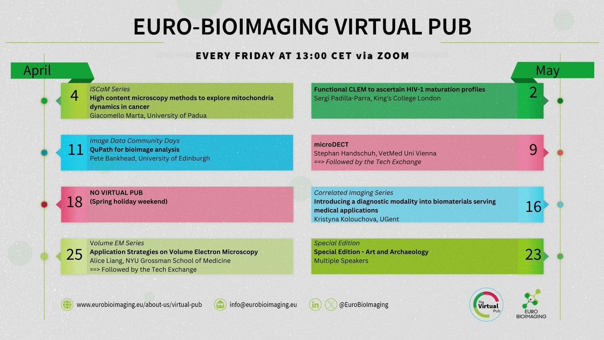 Check out the upcoming #VirtualPub calendar! 🤩  The #VirtualPub is a weekly online event that showcases the latest imaging technology developments, interesting applications of imaging, Euro-BioImaging Nodes’ expertise &amp; more.  
Join us Fridays at 13:00 CEST 🔽