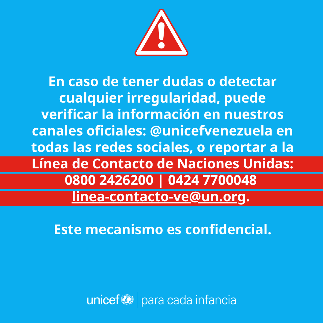 unicefvenezuela's tweet photo. 🛑 #ALERTA UNICEF no solicita ni entrega dinero, no gestiona ayudas individuales ni asigna empleos o becas. Para trabajar en UNICEF las personas deben postularse a través de la plataforma oficial de la organización. Los correos electrónicos de UNICEF usan el dominio @unicef.org. https://t.co/PmsgE1bFLb