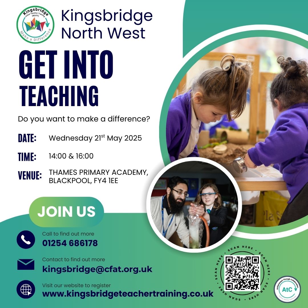 Kingsbridge North West Teacher Training (@kingsbridgeeip) on Twitter photo Thinking about a career in teaching? π©βπ«π
Join us for our Get Into Teaching Event
ποΈ 21st May 2025
π Thames Primary Academy, Blackpool, FY4 1EE
π 14:00 & 16:00
π Register now: kingsbridgeteachertraining.co.uk/apply/get-intoβ¦
#GetIntoTeaching #FutureTeachers #MakeADifference #TeachingCareer Thinking about a career in teaching? π©βπ«π
Join us for our Get Into Teaching Event
ποΈ 21st May 2025
π Thames Primary Academy, Blackpool, FY4 1EE
π 14:00 & 16:00
π Register now: kingsbridgeteachertraining.co.uk/apply/get-intoβ¦
#GetIntoTeaching #FutureTeachers #MakeADifference #TeachingCareer