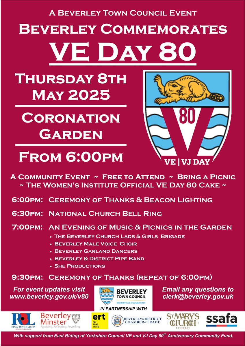 Don't forget to bring your picnic to Coronation Garden on Thursday 8th May from 6pm, when we will be commemorating the 80th anniversary of VE Day.   A programme will be given out on the evening, or you can download a PDF version in advance here: tinyurl.com/nhx7etzf