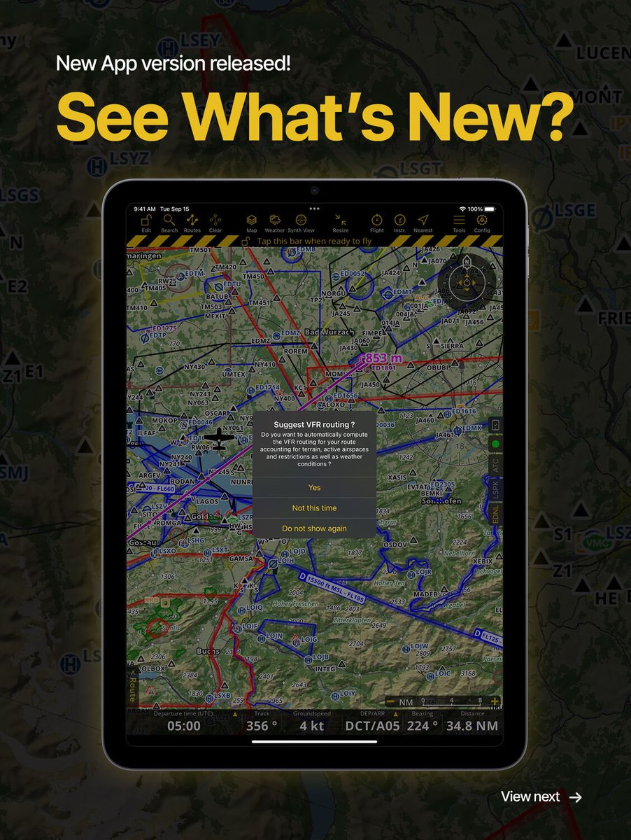 AirNavPro's tweet image. New Release: Version 8.4 Is Here!
We’re proud to introduce a first-of-its-kind AI-powered feature: an Auto VFR Route Planner that analyzes weather, airspace structure and terrain at departure time and finds the best route for your flight in seconds. Game-changing &amp;amp; Time-saving!🙌