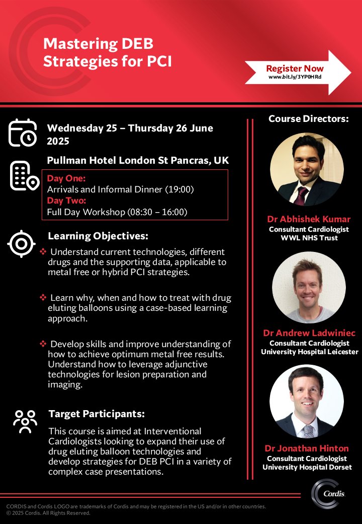 Millbrook Medical Conferences (@millbrookmed) on Twitter photo Register now for the <a href="/Cordis_emea/">Cordis International</a> Workshop: Mastering DEB Strategies for PCI!
🗓️25-26 June |📍Pullman London St Pancras
🗣️Course directors: Abhishek Kumar, <a href="/ALadwiniec/">Andrew Ladwiniec</a> and <a href="/JonathanWHinton/">Jonathan Hinton</a>
👉Register now: millbrook-events.co.uk/event/CordisWo…
#InterventionalCardiology #CardioEd #DEB #PCI Register now for the <a href="/Cordis_emea/">Cordis International</a> Workshop: Mastering DEB Strategies for PCI!
🗓️25-26 June |📍Pullman London St Pancras
🗣️Course directors: Abhishek Kumar, <a href="/ALadwiniec/">Andrew Ladwiniec</a> and <a href="/JonathanWHinton/">Jonathan Hinton</a>
👉Register now: millbrook-events.co.uk/event/CordisWo…
#InterventionalCardiology #CardioEd #DEB #PCI