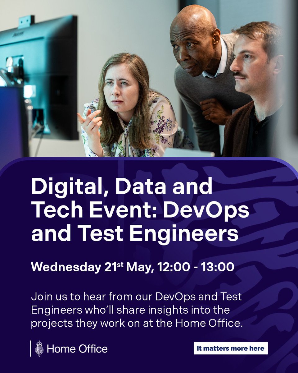 Join us for our online recruitment event on Wednesday 21 May 2025, 12:00 - 13:00 to hear from our Lead Technical Recruiters alongside inspiring DevOps and Test Engineers to hear insights into the projects they work on at the Home Office. 

Sign up here; eu1.hubs.ly/H0jT-Tp0