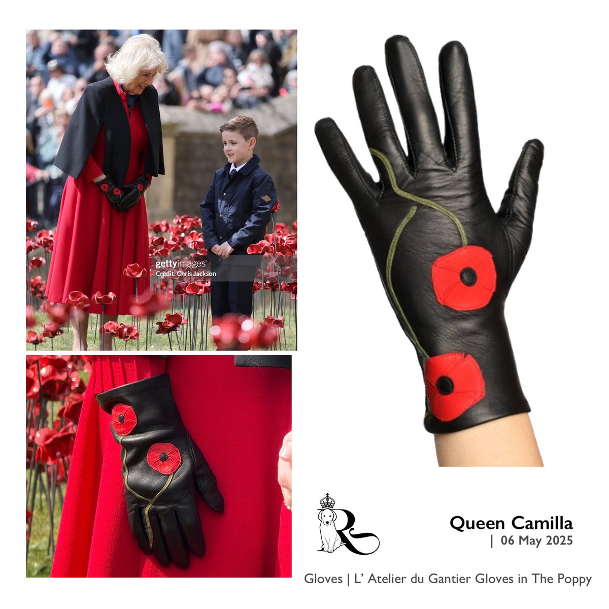 Queen Camilla poses with student Harrison Machim, as she visits the new display of ceramic poppies, called The Tower Remembers, at the Tower of London #QueenCamilla #VEDay 

Thanks Cat for bringing these gorgeous gloves to my attention 🖤🖤