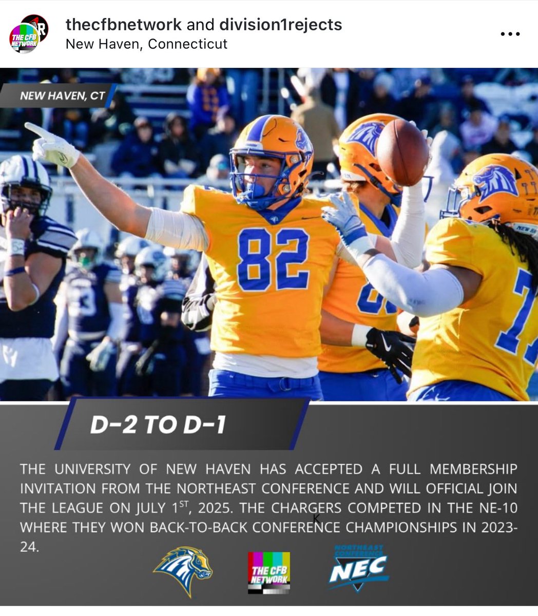 Alex Agrella (@alexagrellarb) on Twitter photo Wow! New Haven announces they are making the move up to FCS. After years of rumors and facility updates, the deal is finally done.
Connecticut now has 3 FCS Football Teams
<a href="/UNewHavenFB/">New Haven Football</a> Wow! New Haven announces they are making the move up to FCS. After years of rumors and facility updates, the deal is finally done.
Connecticut now has 3 FCS Football Teams
<a href="/UNewHavenFB/">New Haven Football</a>