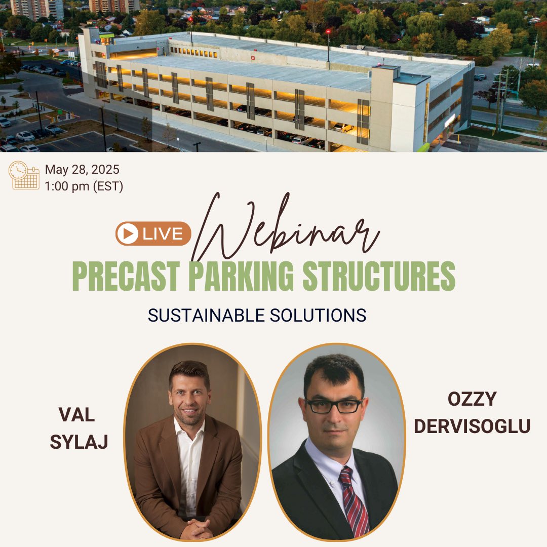 CPCI (@cpci_canada) on Twitter photo Join us on May 28 at 1 PM (EST) for an exciting session on the design & construction of precast concrete parking structures, presented by Val Sylaj & Ozzy Dervisoglu!
Upon completion, you’ll earn a certificate for PDHs, CEUs, or CECs—perfect for your professional development Join us on May 28 at 1 PM (EST) for an exciting session on the design & construction of precast concrete parking structures, presented by Val Sylaj & Ozzy Dervisoglu!
Upon completion, you’ll earn a certificate for PDHs, CEUs, or CECs—perfect for your professional development