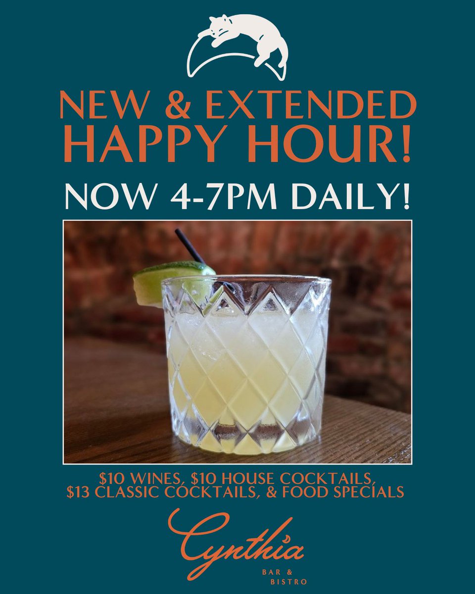 Starting today, we will be opening at 4PM &amp; offering Happy Hour specials from 4-7PM DAILY! 

See the menu here cynthiadc.com/menu-3 then start making plans to come see us soon!