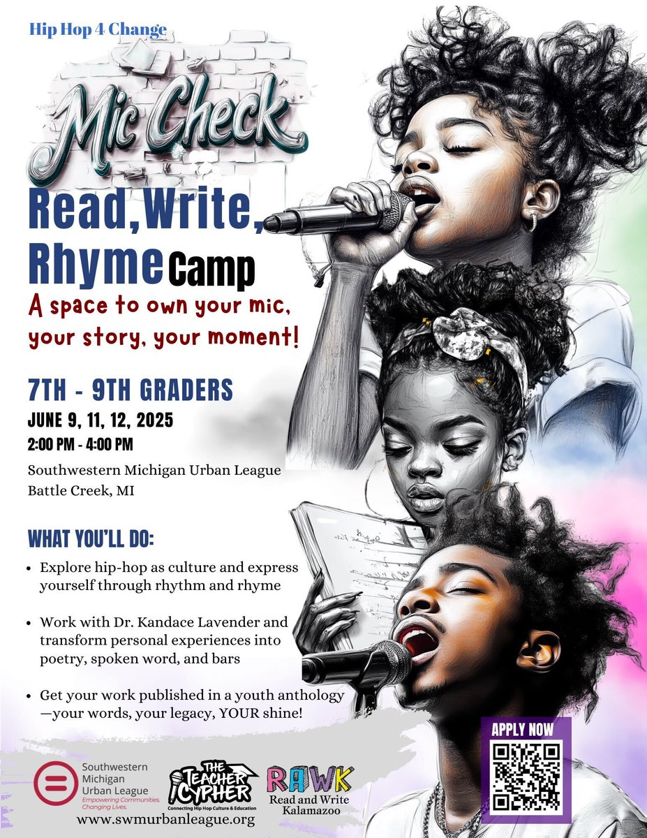 ReadWriteKzoo's tweet image. 🎤 Calling all 7th–9th graders! Step into your spotlight at Mic Check: Read, Write, Rhyme Camp! Join us June 9, 11, &amp;amp; 12 from 2–4 PM at the Southwestern Michigan Urban League in Battle Creek. 

Scan the QR code to register or visit swmurbanleague.org/general-4 for more details.