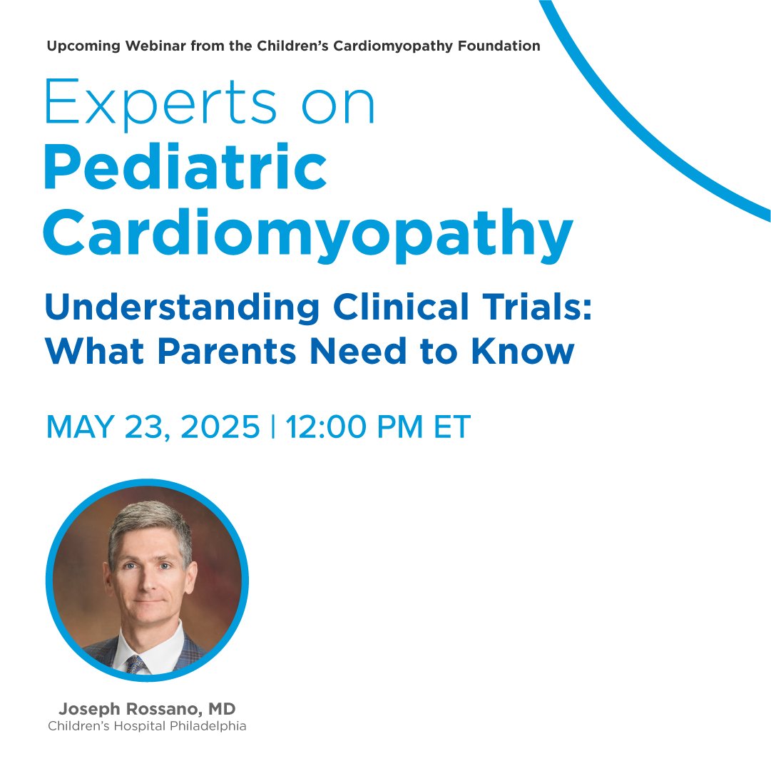 Children's Cardiomyopathy Foundation (@ccfheartkids) on Twitter photo Join Dr. Joseph Rossano of <a href="/ChildrensPhila/">Children's Hospital</a> as he breaks down what cardiomyopathy families need to know: how trials work, key questions to ask, and the latest in gene therapies. Register today: us02web.zoom.us/webinar/regist…
#PediatricCardiomyopathy #ClinicalTrials #CHOP Join Dr. Joseph Rossano of <a href="/ChildrensPhila/">Children's Hospital</a> as he breaks down what cardiomyopathy families need to know: how trials work, key questions to ask, and the latest in gene therapies. Register today: us02web.zoom.us/webinar/regist…
#PediatricCardiomyopathy #ClinicalTrials #CHOP