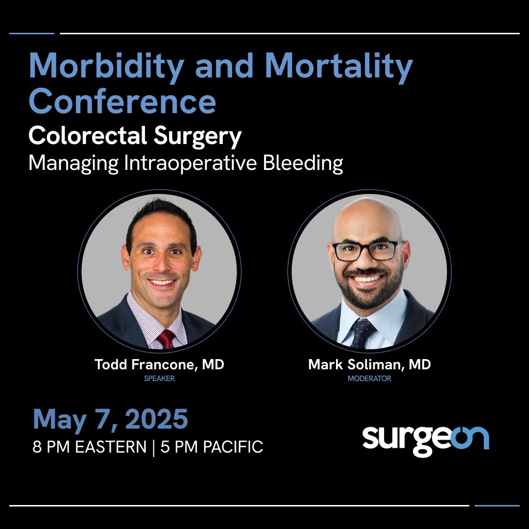 SurgeOn (@surgeonapp1) on Twitter photo Tomorrow at 8 PM ET — don’t miss our M&M Conference on Managing Intraoperative Bleeding with Dr. Todd Francone and moderator Dr. <a href="/MarkSoliman/">Mark Soliman, MD, MBA</a>.
The videos are real, intense, and full of surgical lessons.
Bring your questions and join us live!
Event link: hubs.li/Q03kZzf50 Tomorrow at 8 PM ET — don’t miss our M&M Conference on Managing Intraoperative Bleeding with Dr. Todd Francone and moderator Dr. <a href="/MarkSoliman/">Mark Soliman, MD, MBA</a>.
The videos are real, intense, and full of surgical lessons.
Bring your questions and join us live!
Event link: hubs.li/Q03kZzf50