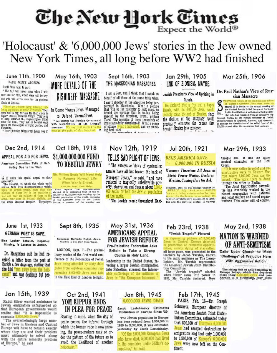 jorymicah's tweet photo. You will be jailed in 17+ countries for asking why the Jewish owned media pre-told the six million number. 

Any Jew care to explain? https://t.co/MoWMFgW4pV