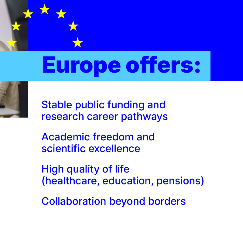 EU_Commission's tweet photo. ⭐ Because it's where talent is welcomed
⭐ Because it's where you have freedom to learn and invent
⭐ Because we offer a high quality of life
⭐ Because of our scientific excellence

To all researchers around the world, our message is clear:

Choose Science, Choose Europe. 🇪🇺