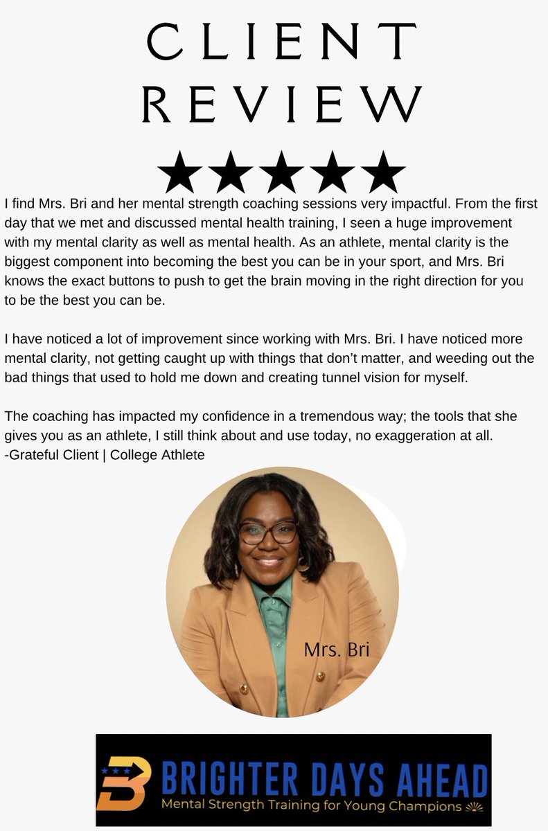 One review closer to your breakthrough. Sometimes, just talking it out is where tearing down mental restraints begins. Book your free consultation with Mrs. Bri at Brighter Days Ahead today. Mental strength training — tackling one thought at a time. Call 980-677-4918.