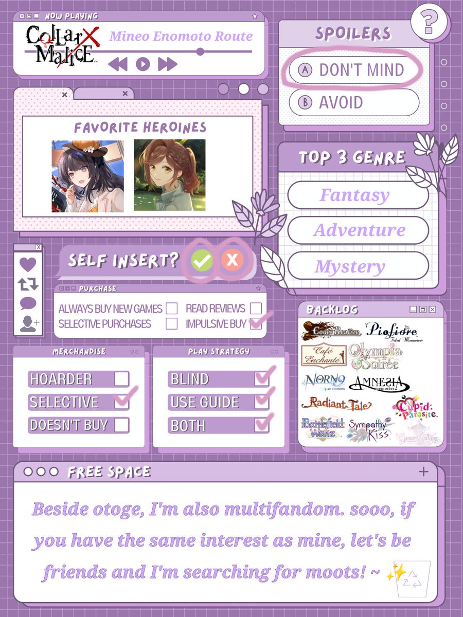 LuchenLoves's tweet image. I never make my #otometwt #otometwtintro before, so here it is. TBH I&apos;m searching for some moots (especially for otoge/otome game player), any people welcome but pls read my carrd first (snowymoon28.carrd.co), and thanks for looked at my intro ^^)/

Template by: @/gabisaboker