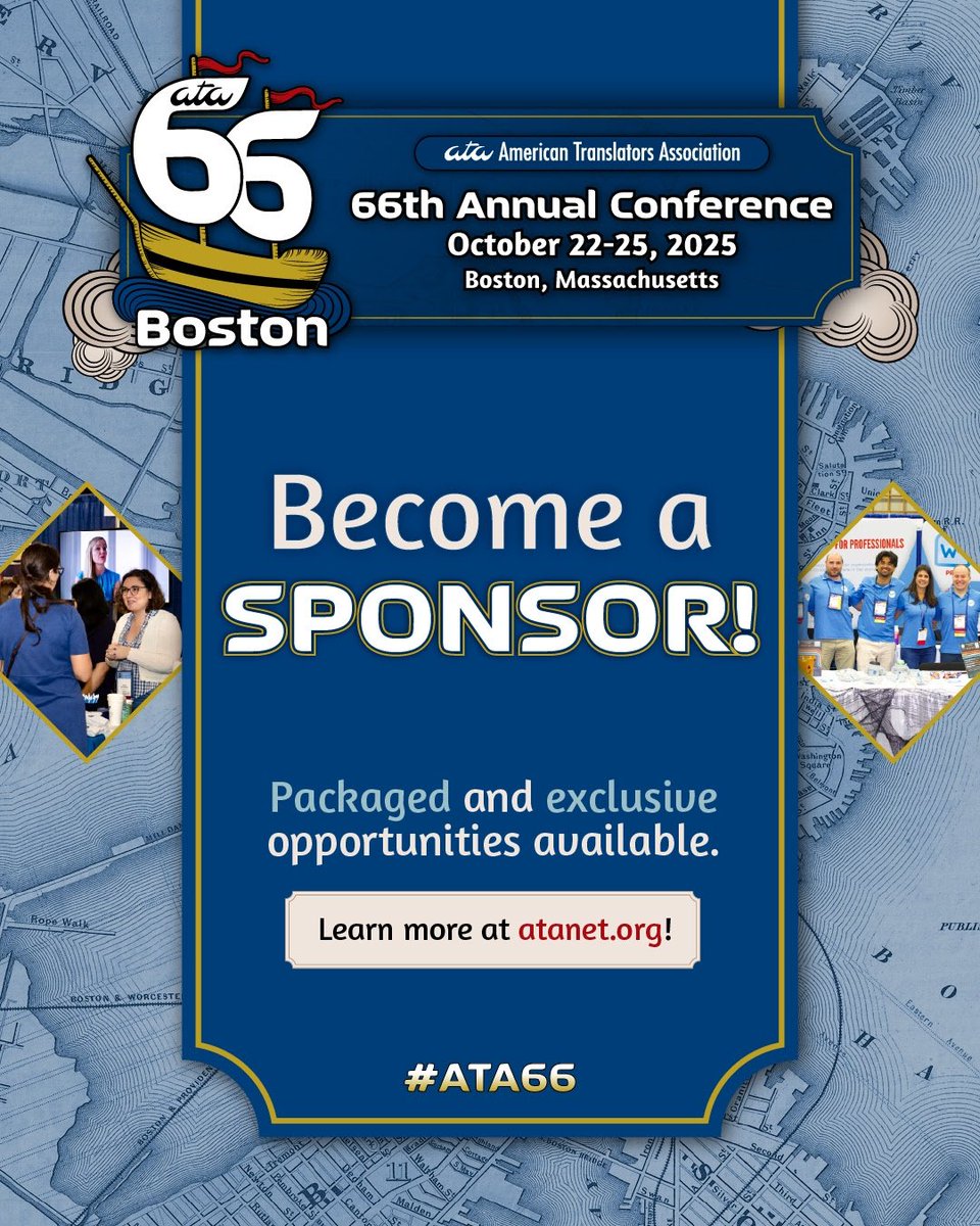 Sponsor one of the best assemblies of translators, interpreters, and business owners from more than 50 countries! 🤩 View all #ATA66 sponsorship opportunities at atanet.org/ata66/sponsors…
.
.
.
#ATA66 #Boston #Translation #Interpreting #LanguageServices #Conference #Company #atanet