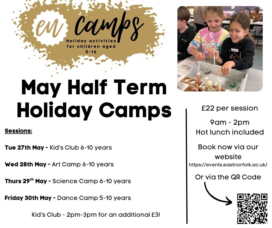 It's not long until the next Half Term Holiday and here at East Norfolk we will be hosting a variety of Holiday Camps. Book now at: events.eastnorfolk.ac.uk
