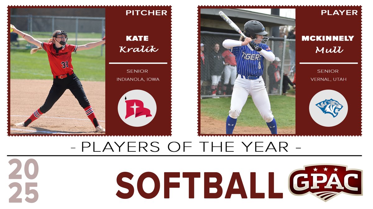 Great Plains Athletic Conference (@gpacsports) on Twitter photo SOFTBALL - 2025 GPAC Softball Conference Honors Announced!
McKinnely Mull from <a href="/dwusports/">DWU Athletics</a> named GPAC Player of the Year, with Kate Kralik from <a href="/nwcraiders/">NWC Red Raiders</a> named GPAC Pitcher of the Year!
Read More:
tinyurl.com/5f9mske8 SOFTBALL - 2025 GPAC Softball Conference Honors Announced!
McKinnely Mull from <a href="/dwusports/">DWU Athletics</a> named GPAC Player of the Year, with Kate Kralik from <a href="/nwcraiders/">NWC Red Raiders</a> named GPAC Pitcher of the Year!
Read More:
tinyurl.com/5f9mske8