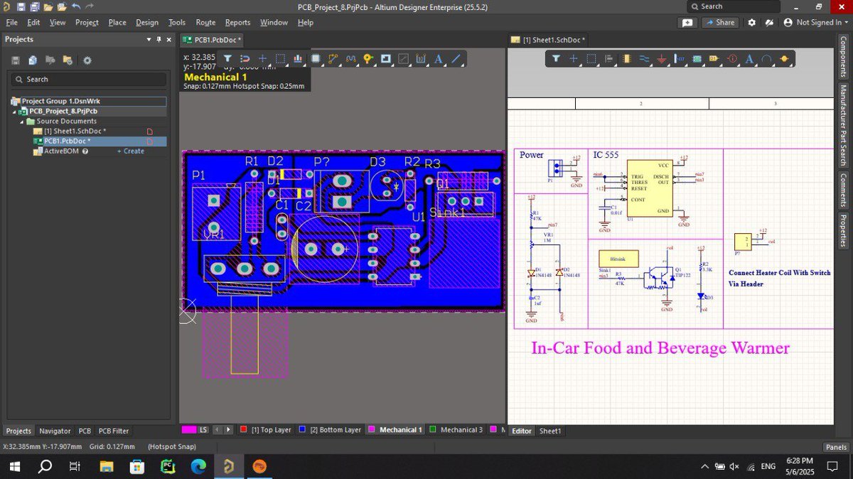 emAlucard's tweet image. طراحی شماتیک و PCB گرم‌کننده نوشیدنی و غذای قابل حمل برای خودرو با استفاده از تایمر محبوب 555 انجام شده است. این مدار با تنظیم پالس‌های PWM خروجی، امکان کنترل دمای المنت‌های گرمایشی را فراهم می‌کند.
#pcbdesign #schematic #555timer