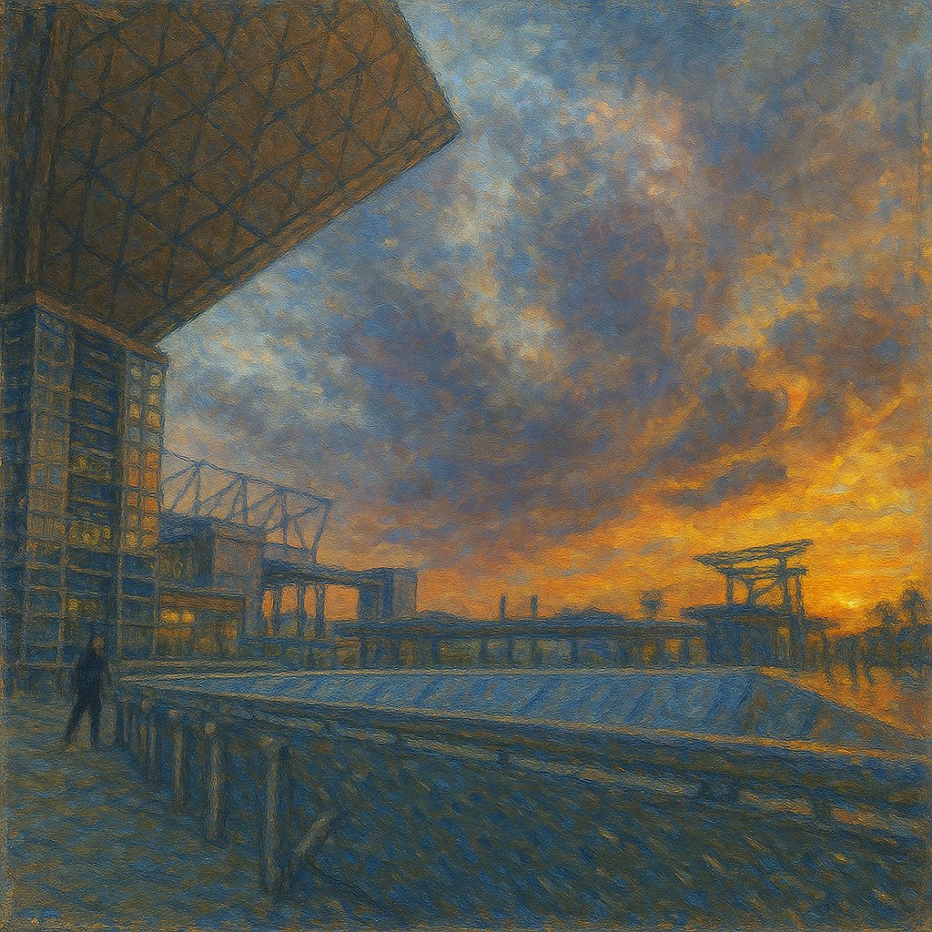 nishimt_general's tweet image. 昔撮った夕焼けが綺麗な写真をモネ風にした。いいよね。