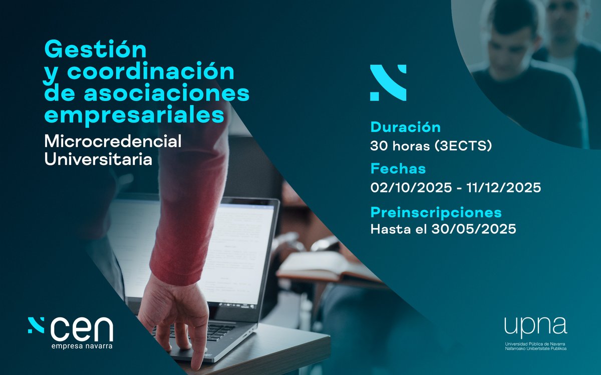 CEN_Navarra's tweet image. 📢 Queremos ayudar a las asociaciones empresariales navarras a mejorar.

Por eso, desde #CEN y junto a la @UNavarra, hemos impulsado una formación que nos ayude en la #gestión y #coordinación de #asociaciones #empresariales.

+Info e inscripciones: unavarra.es/sites/formacio…