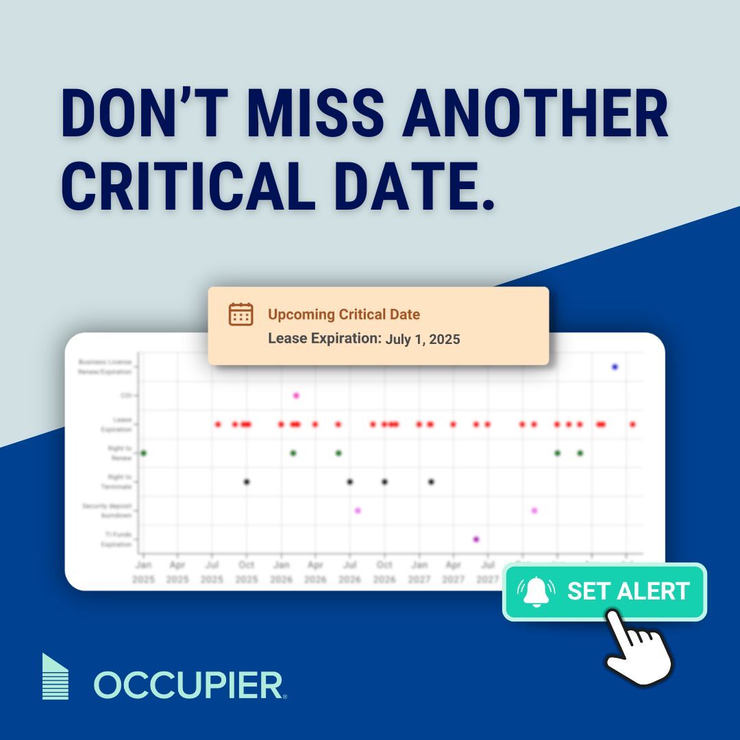occupierhq's tweet image. Staying on top of every renewal, rent escalation, and option deadline can feel impossible.
With Occupier, you get:
✅ Custom notifications
✅ Visual calendar
✅ Built for multi-location tenants
👉 Set your alerts today.
#LeaseManagement #LeaseAdministration