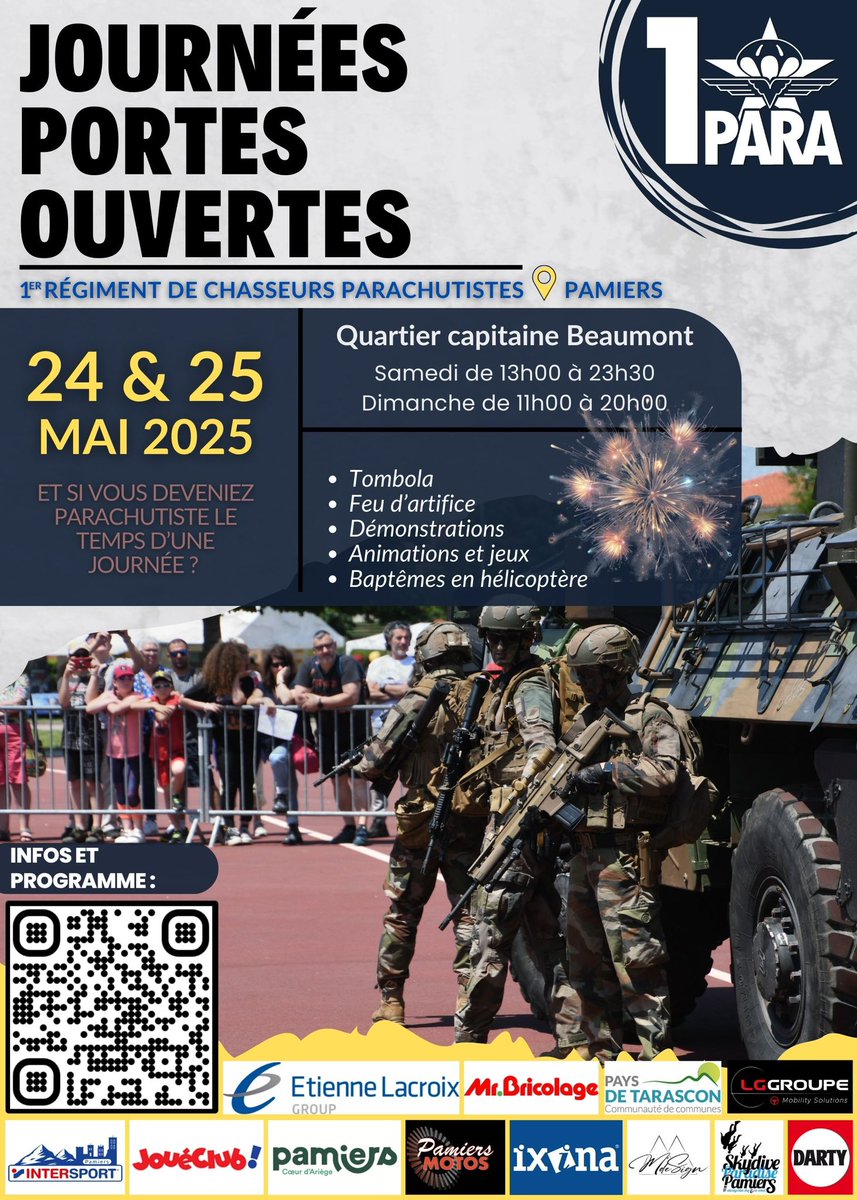 🦅 [SAVE THE DATE] 📢
Envie de découvrir les coulisses du 1er RCP et la vie des Rapaces ?
Venez nous retrouver à l’occasion des journées portes ouvertes les 24 et 25 mai au quartier capitaine Beaumont. 
🎆 Feu d’artifice le 24 mai avec <a href="/LACROIX_Defense/">LACROIX Defense</a> 
ℹ️ les80ansdu1errcp.fr