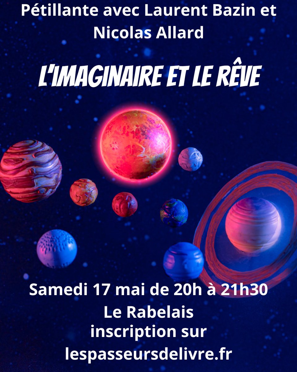 📷📷L’imaginaire et le rêve, la part la plus intime de l’homme ?
Animée par Marie Jouvin avec
📷Laurent Bazin, L’uchronie, Presses universitaires Blaise-Pascal
📷Nicolas Allard, Dune : un chef-d'œuvre de science-fiction, Pocket
📷Samedi (25 places), Le Rabelais, prix 15 euros.