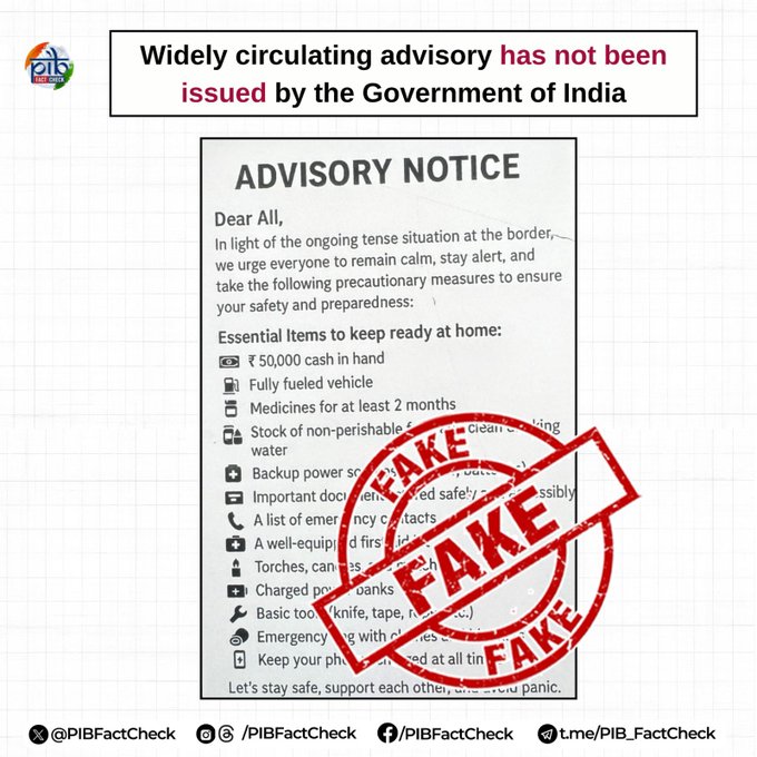 The stamp of a fake on an image of an advisory being shared online claims that the Government has urged individuals to take precautionary measures and keep essential items ready at home.